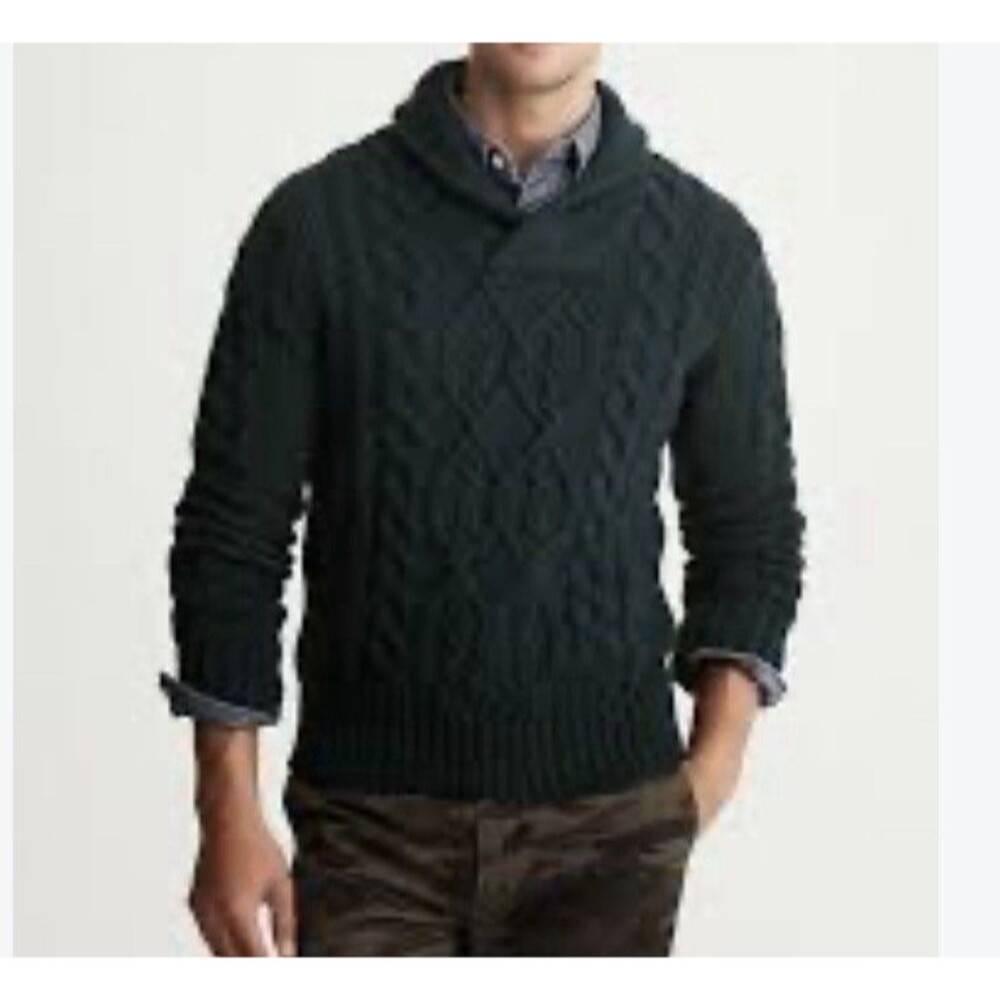 Banana Republic Shawl Collar Fisherman Knit Sweater Men Large Green Wool Cotton